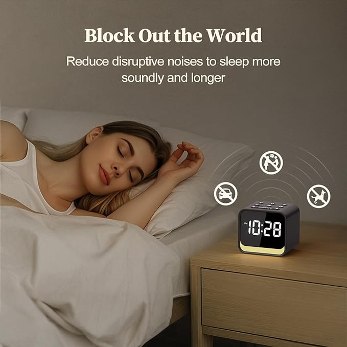 HOUSBAY Wooden Sound Machine Alarm Clock for Bedrooms - Gentle Wake-Up with Birdsong, White Noise for Sleeping, Small Digital Clock for Phone-Free Routine - Charcoal Wood