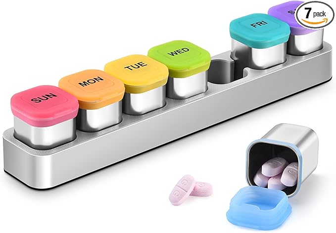 Square Metal Pill Case 7 Day, Stainless Steel Medicine Box Organizer for Travel, Waterproof Tablet Container, Portable Daliy Pill Holder for Vitamins Fish Oils