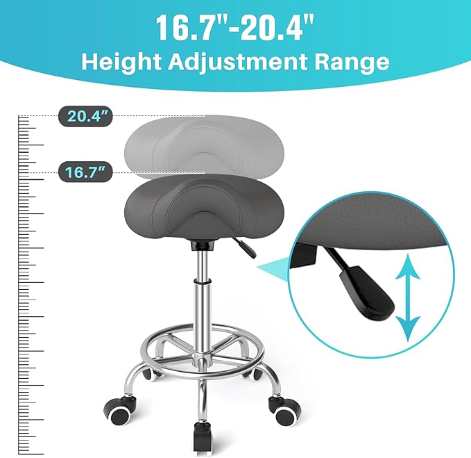 YEEZEE Saddle Stool Ergonomic- Comfortable Rolling Saddle Stool with Wide Thick Saddle Seat Padding, Swivel Adjustable Saddle Chair with Wheels and Ring Pedal for Medical Massage Salon (Grey)