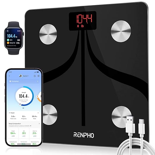 RENPHO Smart Scale for Body Weight, Type-C Rechargeable Digital Bathroom Scale, Electronic 13 Body Composition Monitor with Smartphone App, 400 lbs, Black, Elis 1 (11 inch)
