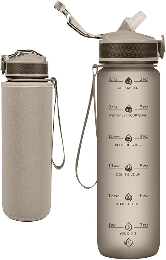 Water Bottle with Straw, Motivational 32 oz Water Bottles with Time Marker & No Sweat Sleeve, BPA Free Leak Proof Gym Bottle with Times to Drink