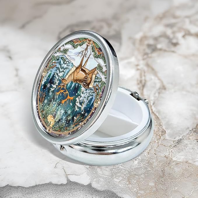 Portable Round 3 Compartment Metal Pill Box Features A Reindeer in A Snow Covered Forest Ideal for Winter Outings Outdoor Adventures and Holiday Gifts