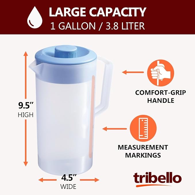 Tribello Pitcher with Lid Half Gallon, Clear Round Plastic Water Pitcher with 3-Way Lid, Ideal for Lemonade, Ice Tea, and Drinks, Freezer/Dishwasher Safe, and BPA Free (0.5 Gallon/2 Liters)
