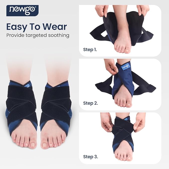 NEWGO Gel Ice Pack Wrap for Ankle & Foot - Reusable Hot and Cold Therapy Wrap for Pain Relief, Swelling, Plantar Fasciitis, Achilles Tendonitis & Sprains - Adjustable Compression Brace (1 Pair)
