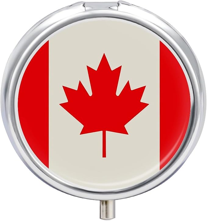 Retro Canada Flag Pattern Pill Box Travel Pill Case for Purse Pocket Weekly Medicine Organizer with Mirror 3 Compartment Round Medicine Case Portable PillcaseHolder for Daily