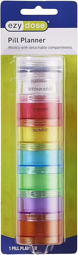 Ezy Dose Weekly (7-Day) Daily Stackable Pill Case, Medicine Planner, Vitamin Organizer Box, Medium Detachable Compartments, Easy to Use, Rainbow Colors, BPA Free