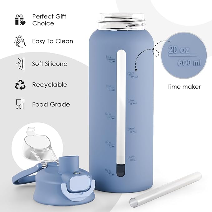 Glass Water Bottle with Silicone Sleeve 24oz with Lid, Motivational Time Marker, Drinking Hydration Glass Bottles for Men Women, Gym Travel Sports (Blue)