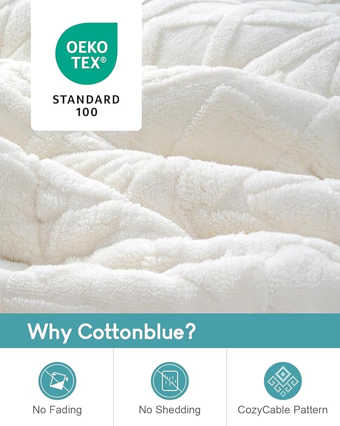 Cottonblue Jacquard Weighted Blanket 15lbs for Queen Ded - Ultra Soft, Cozy Comfort Sherpa Blanket for Relax and Sleep, Heavy Bed Blankets with Glass Beads, 60x80 in 17 lbs, Cream White