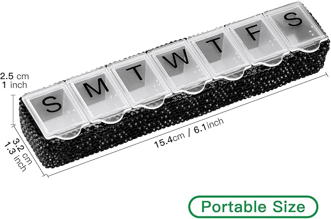 Soleebee Portable Weekly 7 Day Pill Organizer, Bling Crystal Pill Box Case, Travel Pill Planner, Pill Dispenser, Medicine Vitamin Container Organizer (Black)