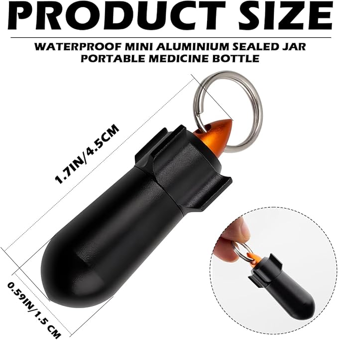 Keychain Pill Case, Rockets Shape Aluminum Medicine Holder, Portable Waterproof Vitamin Aspirin Container for Traveling