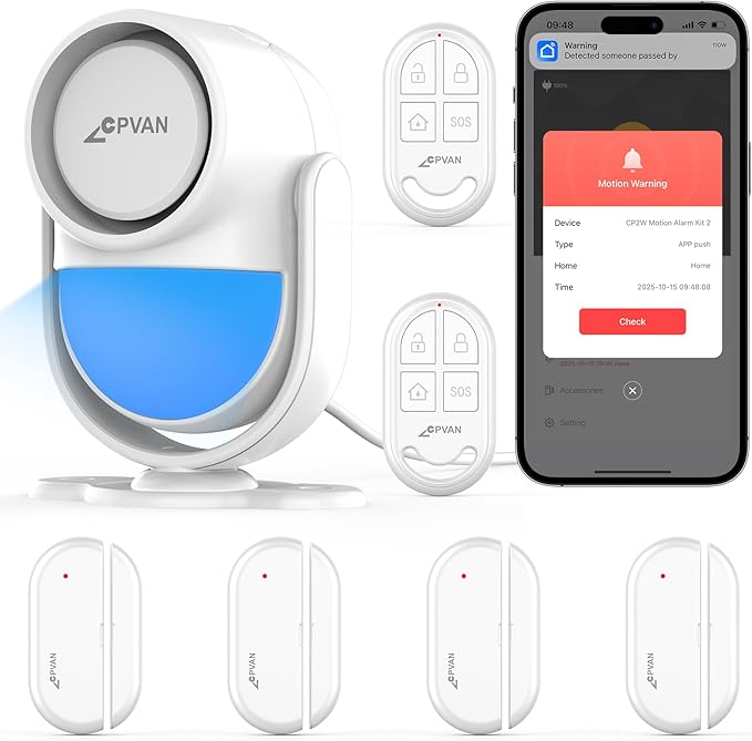 CPVAN WiFi Motion Sensor Alarm, 125dB Wireless DIY Smart PIR Motion Detector with 4 Door/Window Sensors for Home Security System - On Spot Alarm & APP Alert, White
