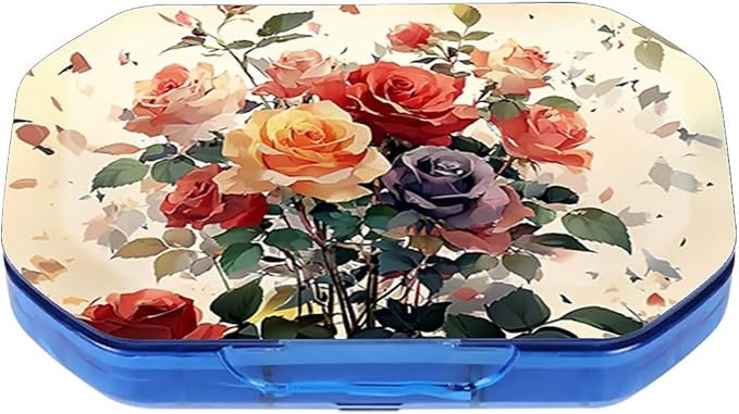This Portable Watercolor Rose Pattern 6-Compartment Pillbox Can Be Placed in A Pocket Or Wallet to Store Vitamins, Medicines Fish Oil Health Supplements Other Medications.