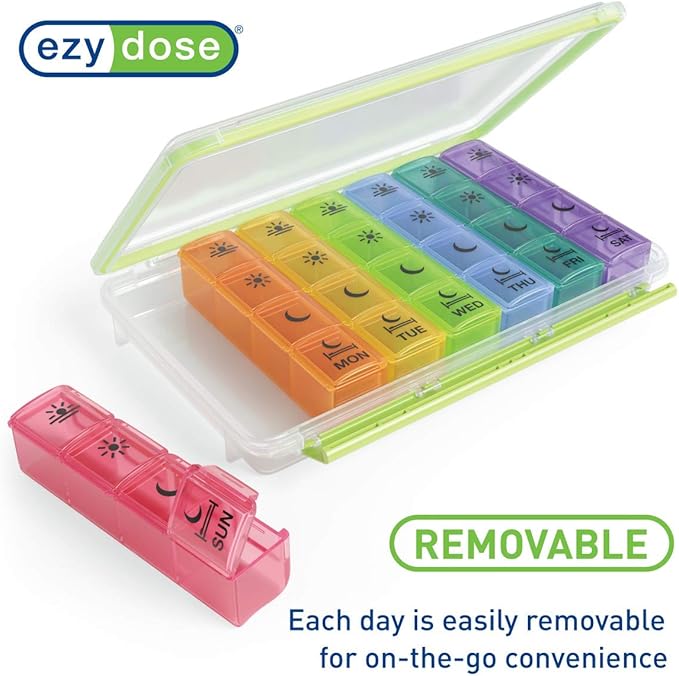 Ezy Dose Weekly (7-Day) Pill Case, Medicine Planner, Vitamin Organizer Box, Convenient and Easy to Use, X-Large Pop-Out Compartments, 4 Times a Day, Rainbow Lids with Case, BPA Free