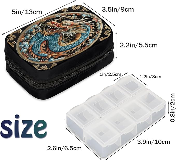 Weekly Travel Pill Organizer Case for Purse with Removable 7 Day Box Portable Compact Size Pill Box Fashionable Pill Container for Medicine Vitamin Supplement Dragon Ethnic