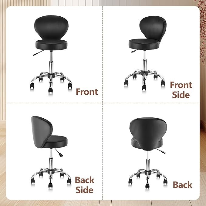 Leather Rolling Salon Stool with Back Support and Wheels Adjustable Height Swivel Spa Stools for Office Massage Facial Medical Drafting Tattoo Beauty Barber Lab Doctor Clinic Tattoo, Black