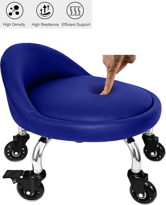 Rolling Stool with Backrest VAPAA TAIDE 450 Lbs High Weight Capacity PU Leather Roller Seat and Heavy-Duty Crystal Universal Wheels for Men Women Boy Girl Furniture Gift, Home Office Blue