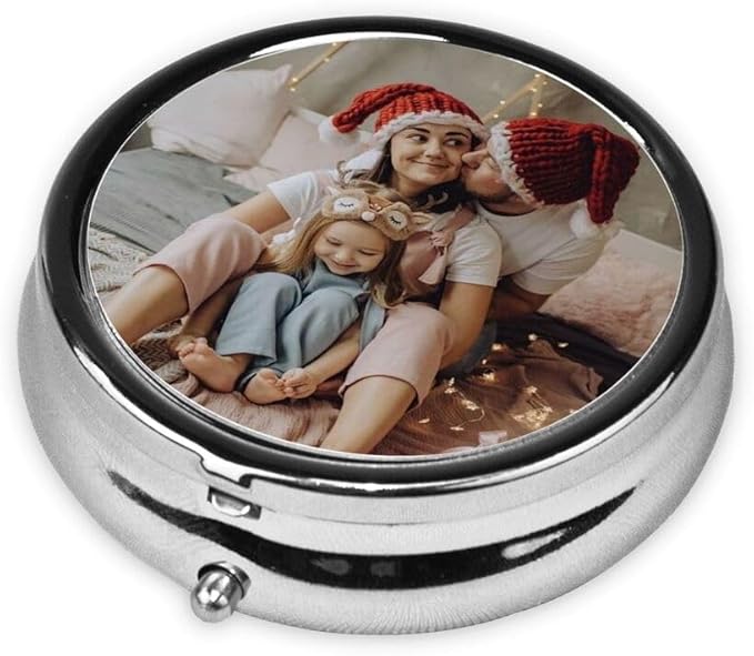 Custom Pill Box with 2 Compartment, Personalized Photo Text Logo Name Travel Small Pill Case, Customized Portable Metal Medicine Container Vitamin Organizer, Round
