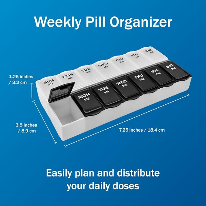 Amazon Basic Care 7-Day AM/PM Pill Organizer, Vitamin Case, and Medicine Box with Large Capacity Compartments, 2 Times a Day, Black and Clear Lids (2-Pack)