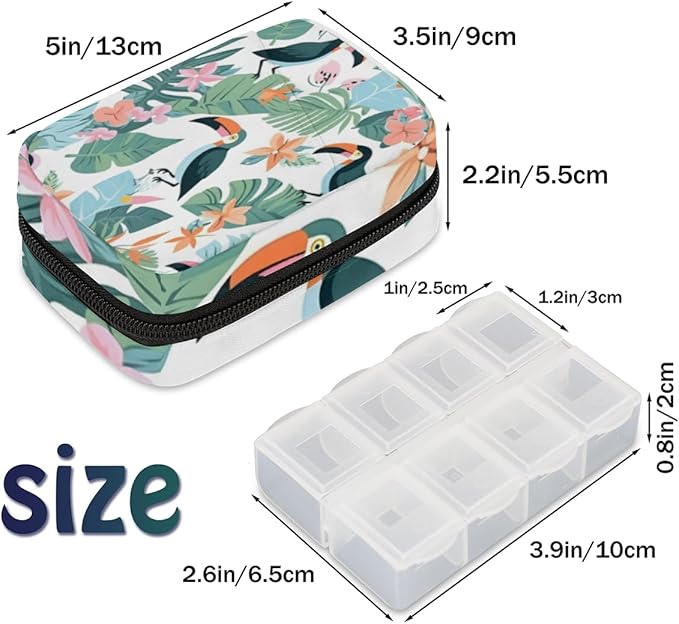 Tropical Toucan Birds Travel Pill Organizer Bag Portable Weekly Pill Box Travel Medicine Organizer 7 Day Pill Case with Zipper for Daily Travel Family Business