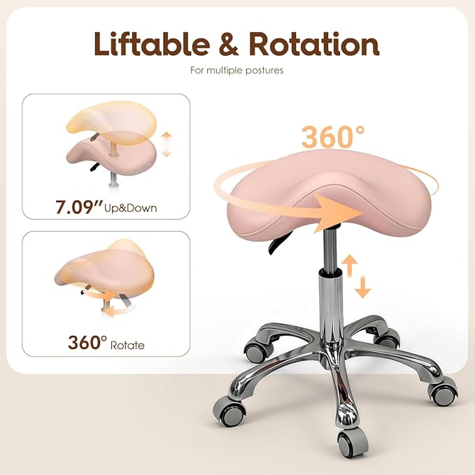 Saddle Stool Rolling Chair for Medical Massage Salon Kitchen Spa Drafting,Adjustable Hydraulic Stool with Wheels (Pink, Without Backrest)