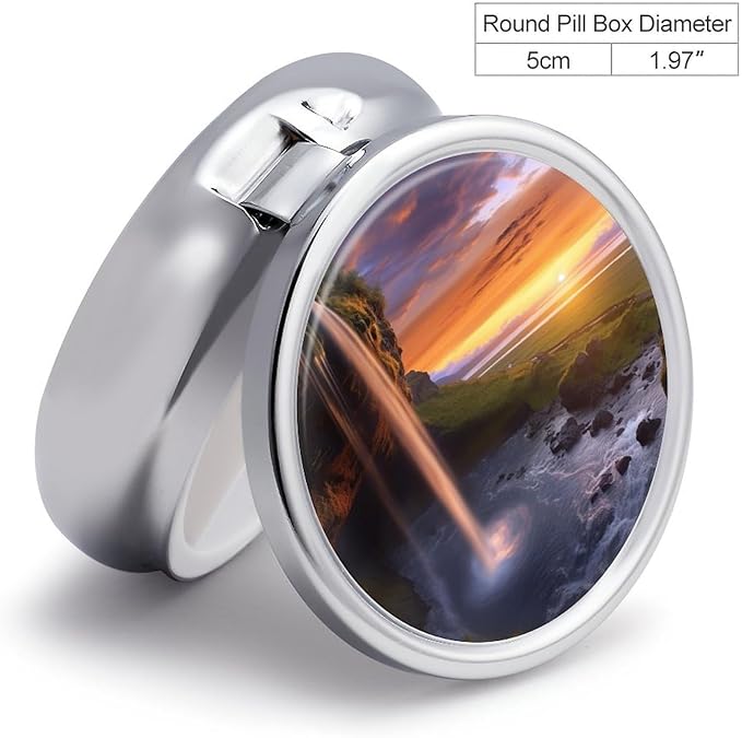 Waterfall at Sunset Pill Box 3 Compartment Small Pill Case Portable Pill Box for Pocket Or Purse Round Metal Pill Box Cute Medicine Organizer Holder to Hold Vitamins Medication