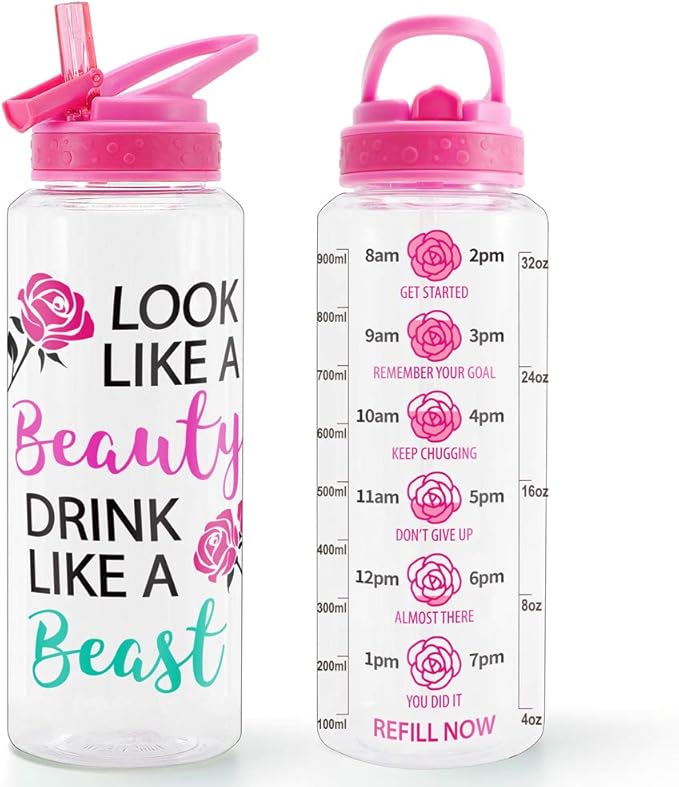 Home Tune 32oz Motivational Water Bottle with Straw & Time Marker, BPA FREE, Dustproof Flip Straw, Leak Proof, Easy Clean (Beauty & Beast)