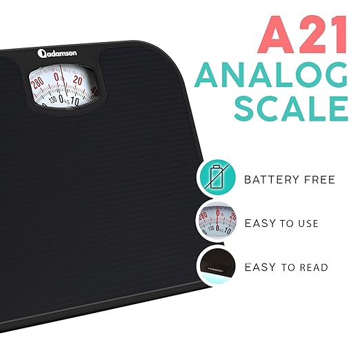 Adamson A21 Analog Scales for Body Weight - Up to 300 LB - New - Anti-Skid Rubber Surface - Large Numbers - Analog Bathroom Scale - Affordable - Durable with 20-Year Assurance - Full Black