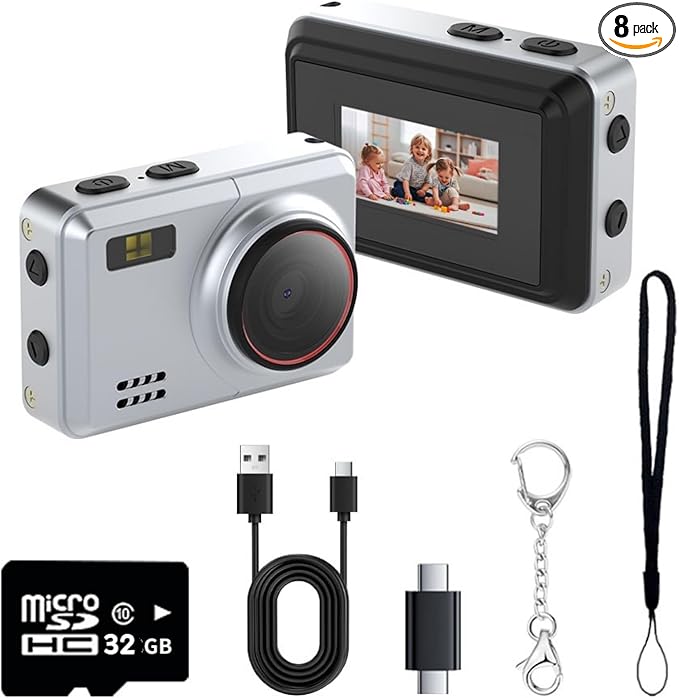 Retro Mini Digital Camera 1080P HD Video Recorder，Portable Keychain Video Camera with 32GB Card,and 0.96”IPS Screen,Ultra-Portable Tiny Camera for Travel Photography/Vlog/Night Shots (Silver)