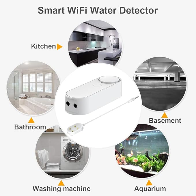 Multifunctional WiFi Water Leak Detector, 6.5ft Split Drip/Leak Detection Cable, Dual Interface, Expandable, Smart Leak Sensor Alarm, AAA Battery Powered, APP Monitoring, Over 5 Months Standby
