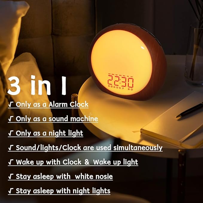 Wake Up Light Sunrise Alarm Clock White Noise Machine with Sunrise Sunset Simulation for Heavy Sleepers Kids Bedroom Dual Alarms Snooze Sound Brown Noise Machine with 25 Sounds for Sleeping