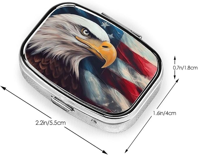 Vintage American Flag and Eagle Painting Print Square Metal Pill Box with 2 Compartment for Pocket or Purse Travel Bag Small Size 2.2 inche