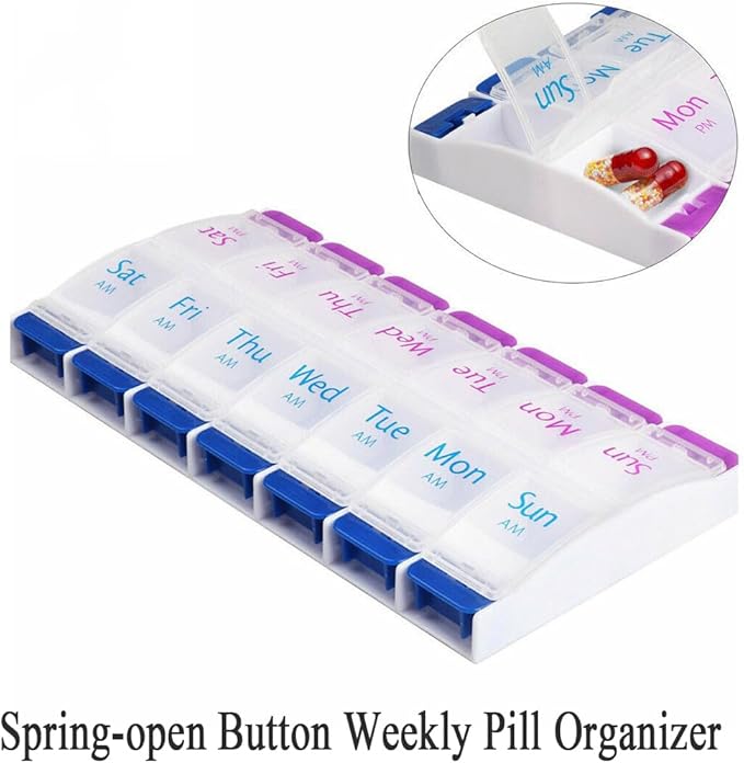 Daily Pill Case Organizer, 7-Day Weekly Medicine Planner Organizer, AM PM, Large Tray 14-Compartment Meds Box Container Holder for Medication, Vitamin, Supplement, Fish Oil, Purple + Blue