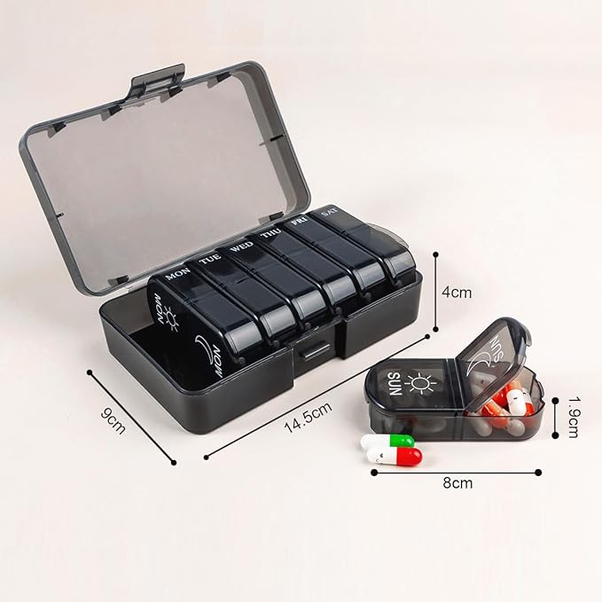 Small Pill Case, Cute Medicine Box, Travel Daily Pill Organizer Planner, 7-Day 14 Tray Portable Vitamin Container Dispenser for Purse Pocket, Capsule Holder for Fish Oils, Supplements, Black