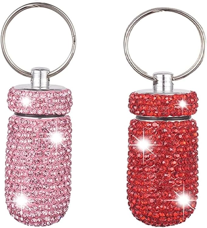 2 Pcs Pill Holder Keychain, Bling Aluminum Medicine Holder Pill Container Mini Size Waterproof and Light Weight Portable Pill Bottle Case (Pink+Red)