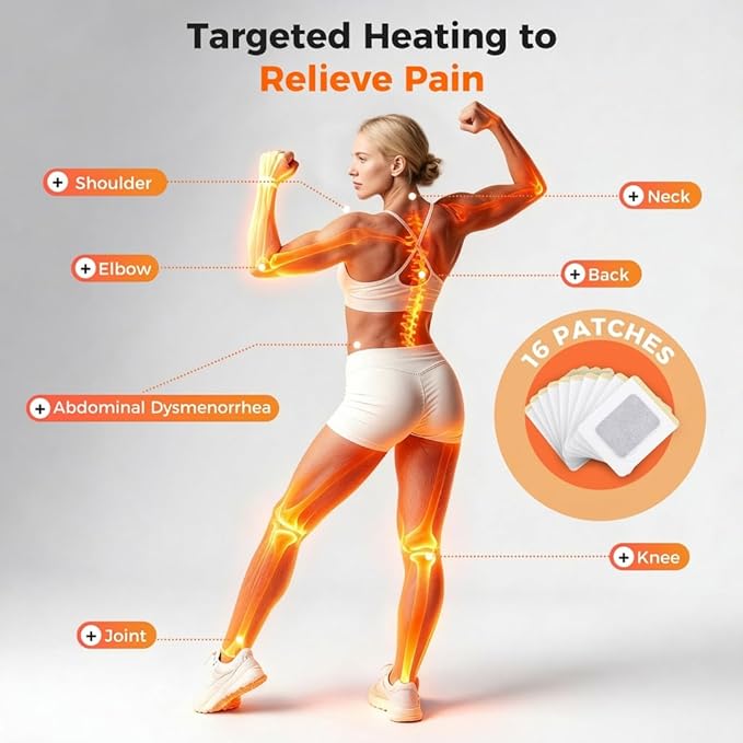 Far-Infrared Pain Relief Patches - 12 Hours Deep-Penetrating Heat Patch for Back, Herbal Heating Pad for Knee, Neck, Shoulder, Joint & Muscle, Adhesive Relief Patch, 16Counts