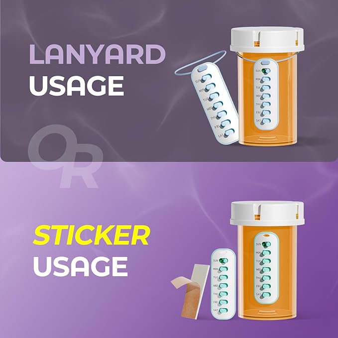 Odaro 6 Pack Pill Reminder, Lanyad or Sticker Pill Tracker, Work with Most Bottles, Reusable Medication Tracker Replacement of Vitamin Weekly (7 Day) Medicine Organizer