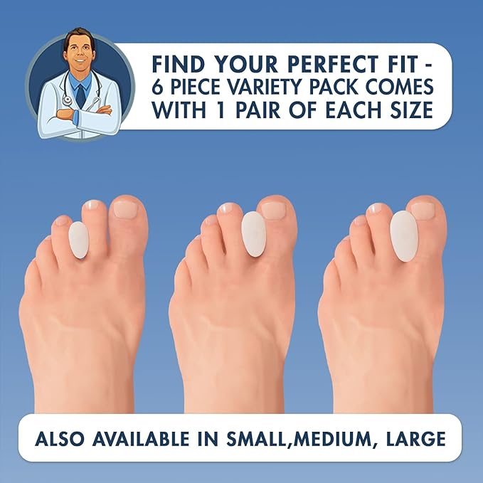 Dr. Frederick’s Original Gel Toe Separators - 6 ct - Soft Bunion Spacers for Overlapping Toes, Gentle Alignment & Foot Pain Relief - Toe Cushion Spacers for Women & Men - Washable & Reusable - Variety Pack - Includes Small/Medium/Large