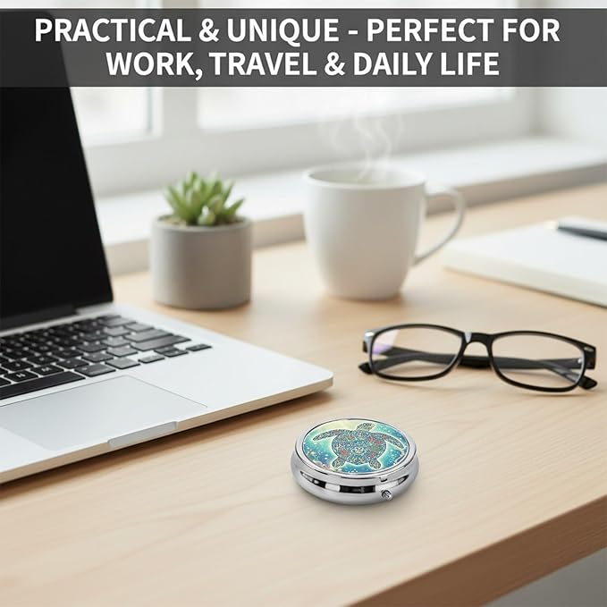 Round Pill Case Small Pill Box with Mirror Pocket 3 Compartment Vitamin Pill Medicine Case Organizer Pill Containers for Traveling Mandala Sea Turtle One