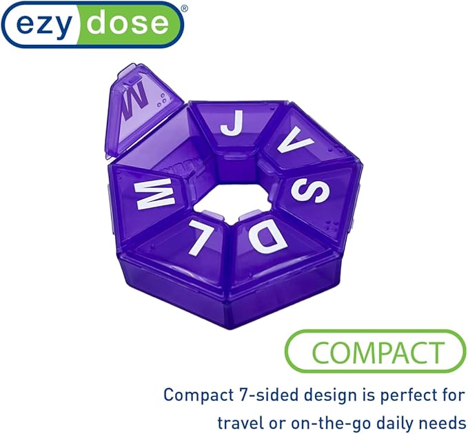 EZY DOSE Weekly Pill Organizer, Medicine Box, and Vitamin Planner, Travel Pill Planner, 7-Sided, Color May Vary, Spanish Imprints (Pack of 2)