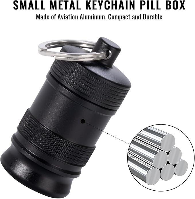 Portable Keychain Pill Holder - Waterproof Aluminium Alloy Small Pill Case, Metal Pill Container for Purse Daily Pill Box Medicine Bottle Organizer for Outdoor Camping Travel