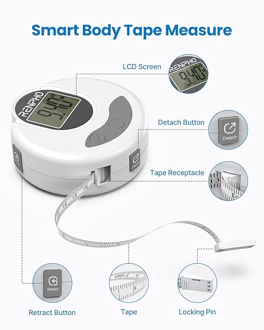 RENPHO Body Measuring Tape, Bluetooth Smart Tape Measure with Lock Hook & Retractable Function, Accurate Body Fat Measurement Device for Weight Loss, Muscle Gain, Fitness Bodybuilding, 60in /150cm