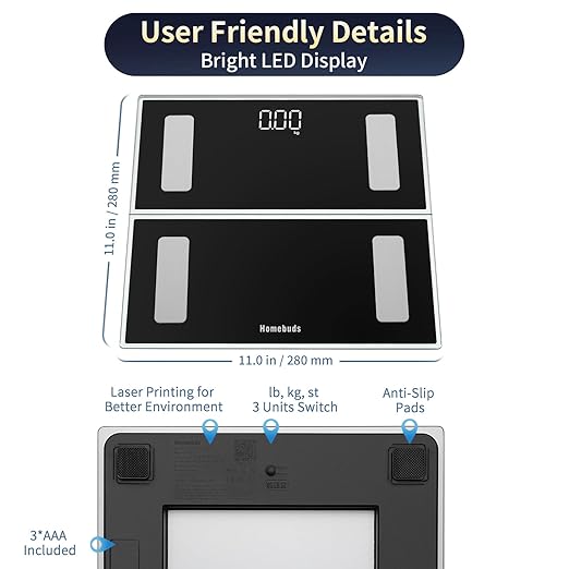 Homebuds Smart Bathroom Scale for Body Weight, High Precision in 0.1lb Assured by Weight Scale Professional Factory SINCE 2001, App Sync 13 Body Composition Including BMI and Body Fat, 400lb LED Black
