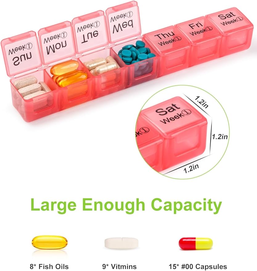 Large Monthly Pill Organizer 28 Day Case Organizerd Extra Large Compartments 4 Week Dust-Proof Pill Case Medication Reminder Portable Travel Container (Red-Green-Blue-Purple)