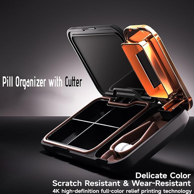 MURRI&MURRDI Mini Pill Storage Organizer with Splitter, Portable Tablet Crusher for Purse Pocket, Pill Cutter for Small Tiny or Large Pills, Medicine Case 4 Cells Vitamin Dispenser Holder, Black