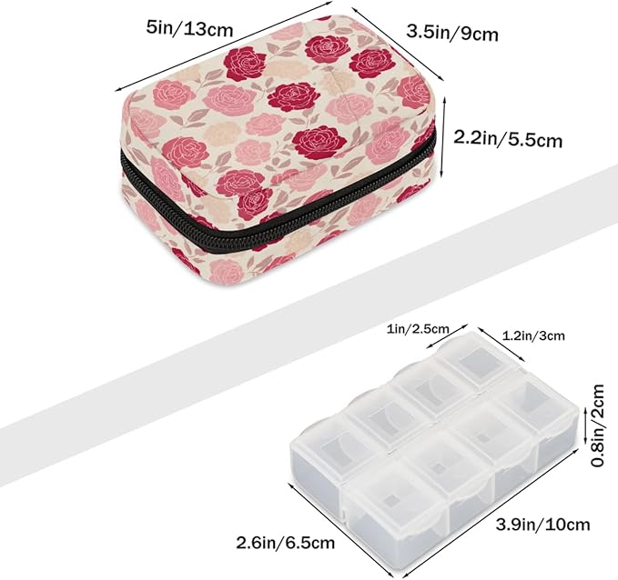 Pink Roses Flowers Pill Case Everyday Travel, 7 Day Weekly Medicine Pill Box Compact Portable Pills Bottle Organizer with Zipper for Daily Vitamin Medicine Holder Bottle Organizers Bag