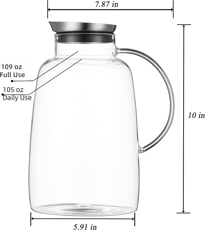 Purefold Pitcher with Lid, 109 Ounces Water Pitcher, Heat Resistant Leakproof, Borosilicate Glassware for Boiling Water, Iced Tea, Juice, Milk, Coffee, Lemonade, Hot and Cold Beverages