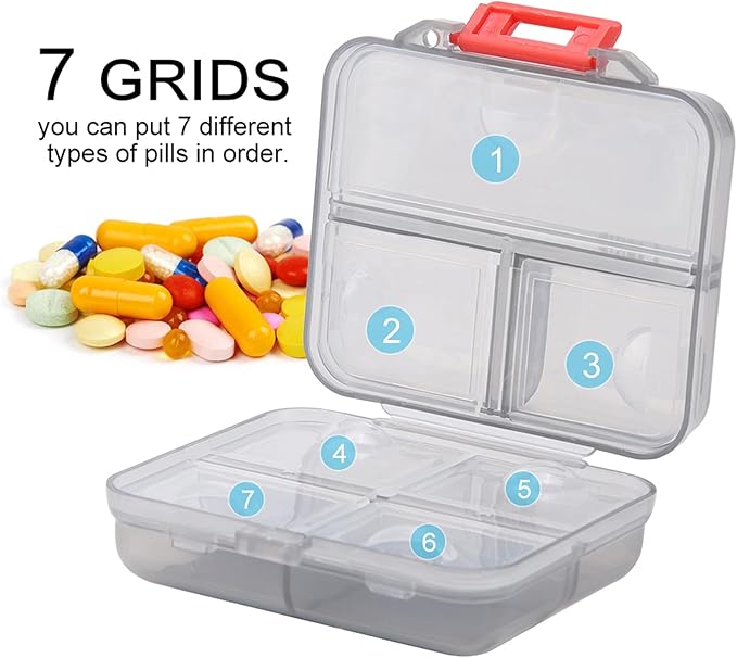 AYNEFY 7 Grids Weekly Travel Box,Portable Travel Vitamin Fish Oil Organizer Pocket Case Container Box(Grey)