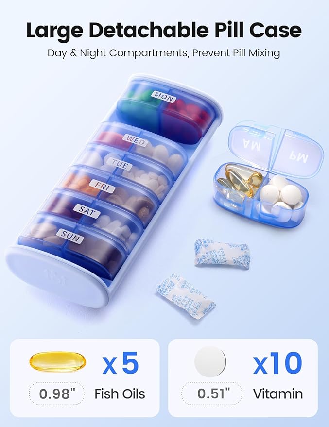 Vaydeer AM/PM Metal Pill Organizer, Weekly Pill Box with Built-in Desiccant Compartment, Airtight Travel Pill Case for Medication, Vitamins & Supplements (Black)