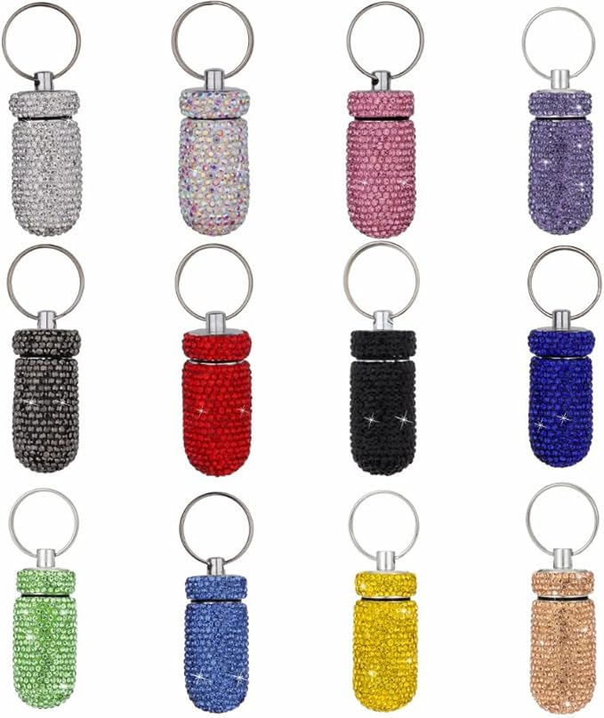 3PCS Bling Crystal Rhinestone Portable Pill Case Pill Container Waterproof Pill Holder with Keychain Glitter Travel Pill Box Small Medicine Dispenser Bottle Storage for Outdoor Camping Travel,16