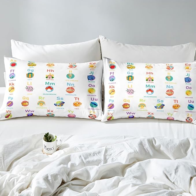 ABC Alphabet Fitted Sheet Full Size, Cartoon Bedding Set with Numbers, Toddler Educational Learning Bed Cover and 2 Pillow Case